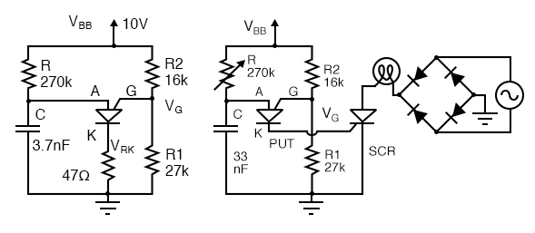 PUT relaxation oscillator with component values. PUT drives SCR lamp dimmer.