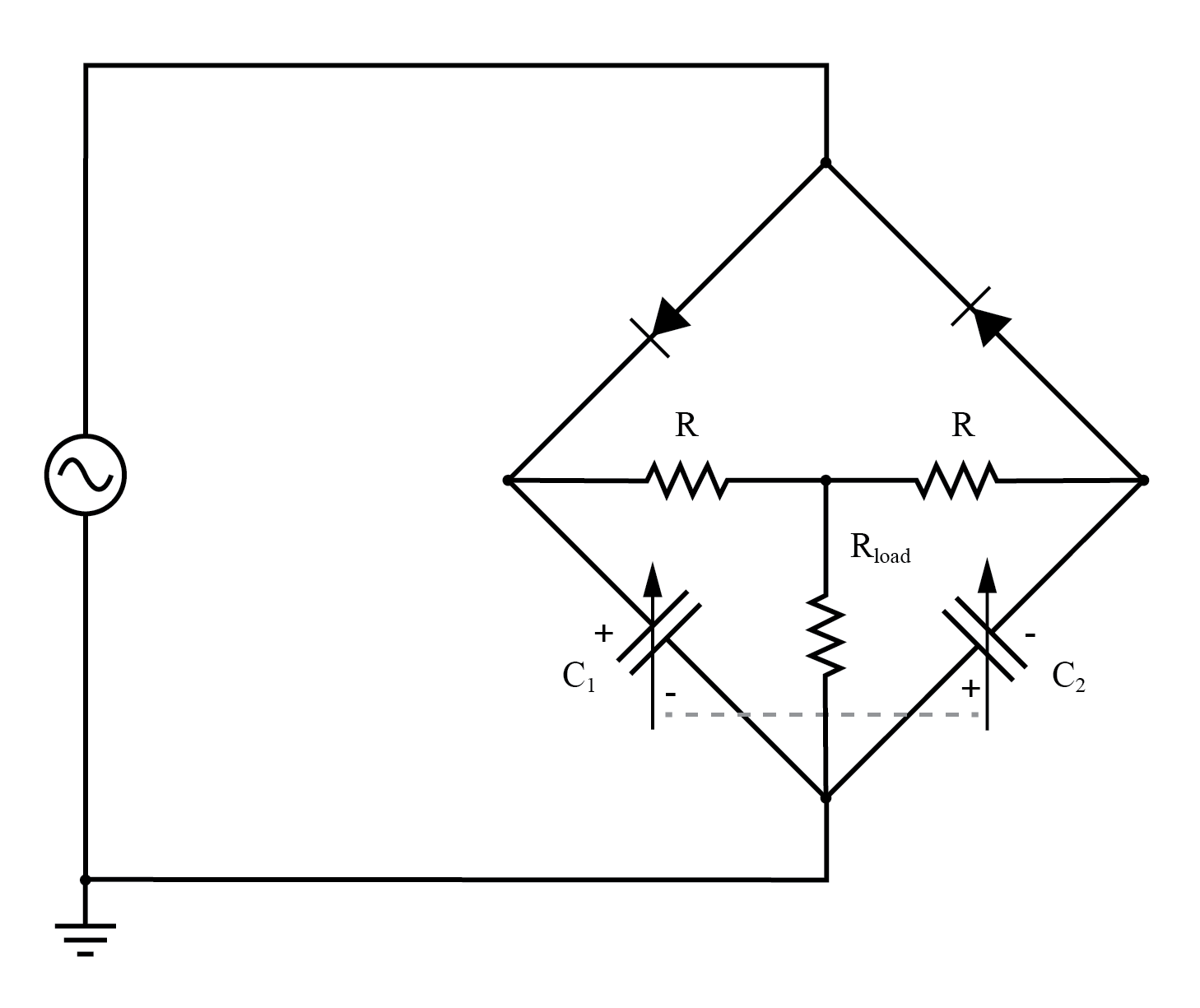 Differential capacitor transducer “Twin-T” measurement circuit redrawn as a bridge.Output is across Rload.