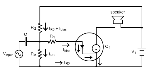Diode transistor model shows loading of voltage divider.