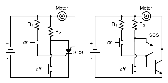 SCS: Motor start/stop circuit, an equivalent circuit with two transistors.