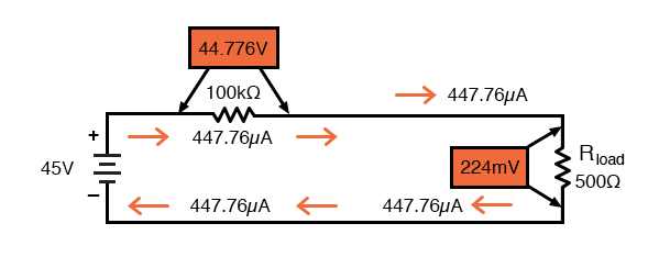 Zener non-regulator with 100 KΩ series resistor with 500 Ω load.>