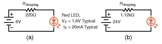 Setting LED current at 20 ma. (a) for a 6 V source, (b) for a 24 V source.