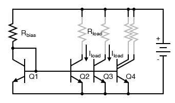 Multiple current mirrors may be slaved from a single (Q1 - Rbias) voltage source.