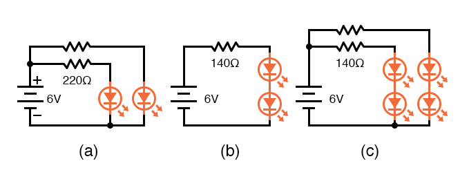 Multiple LEDs: (a) In parallel, (b) in series, (c) series-parallel