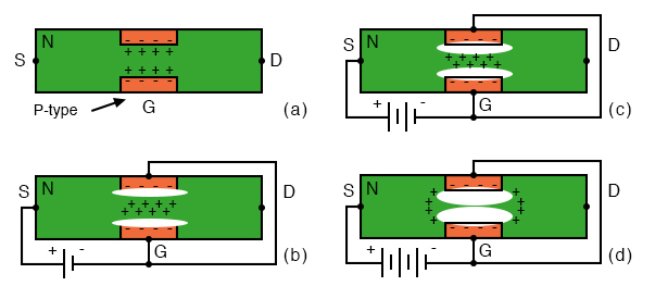 N-channel JFET: (a) Depletion at gate diode. (b) Reverse biased gate diode increases depletion region. (c) Increasing reverse bias enlarges depletion region. (d) Increasing reverse bias pinches-off the S-D channel.