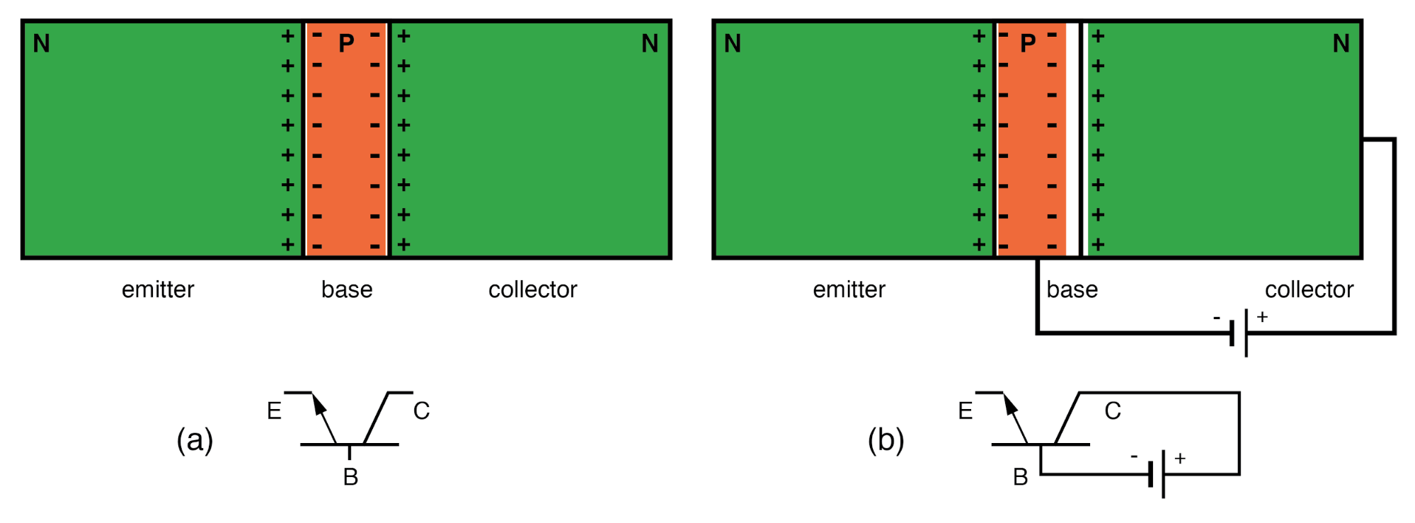 (a) NPN junction bipolar transistor. (b) Apply reverse bias to collector base junction.