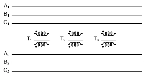 Inputs A1, A2, A3 may be wired either “Δ” or “Y”, as may outputs B1, B2, B3.