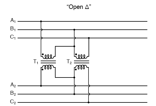  “V” or “open-Δ” provides 2-φ power with only two transformers.