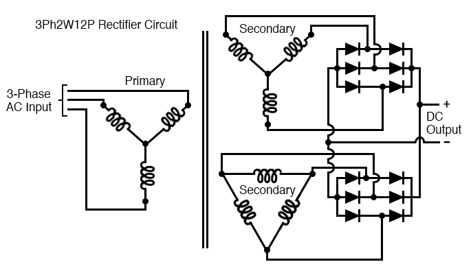 Polyphase rectifier circuit: 3-phase 2-way 12-pulse (3Ph2W12P)