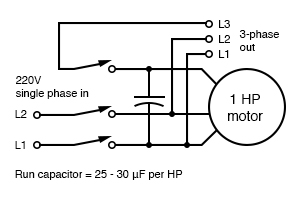 Self-starting static phase converter. Run capacitor = 25-30µF per HP. Adapted from Figure 7, Hanrahan