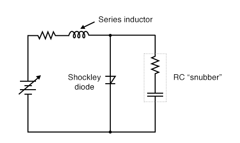 Both the series inductor and parallel resistor-capacitor “snubber” circuit help minimize the Shockley diode’s exposure to excessively rising voltage.