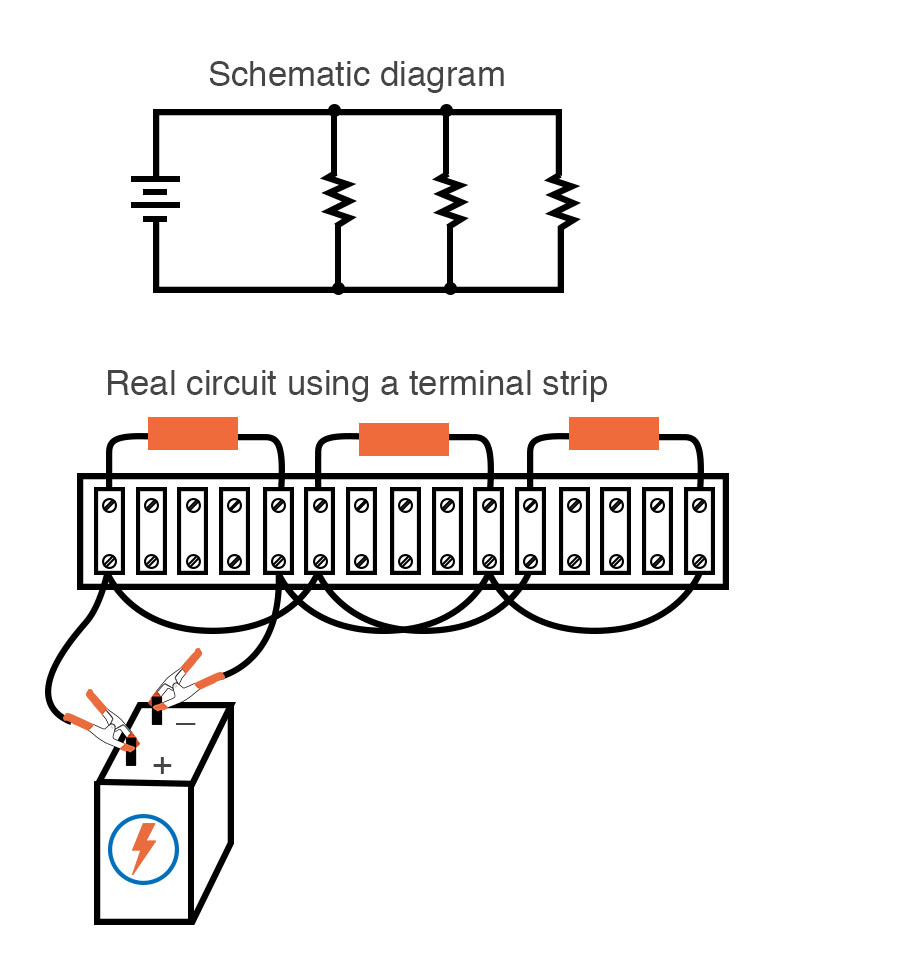 single battery three resistors parallel circuit terminal strip