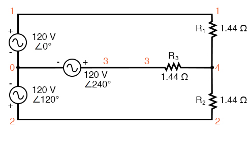 SPICE circuit: Three 3-Φ loads phased at 120°.