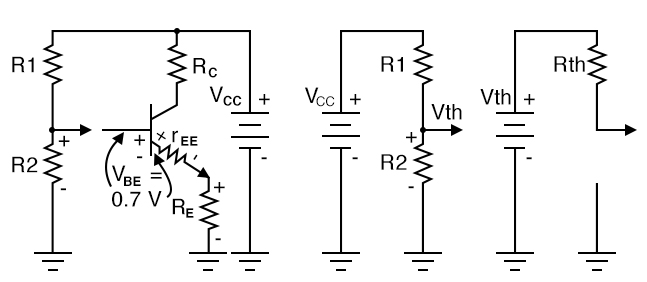 Thevenin’s Theorem converts voltage divider to single supply Vth and resistance Rth.