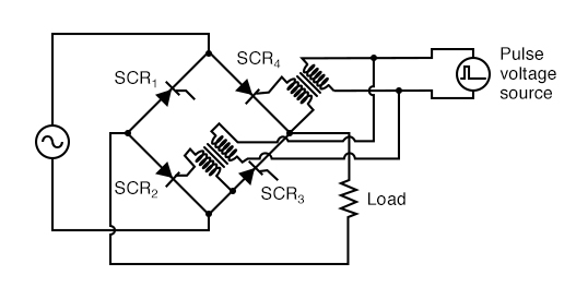 Transformer coupling of the gates allows triggering of SCR2 and SCR4 .