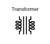 The schematic symbol for a transformer consists of two inductor symbols, separated by lines indicating a ferromagnetic core.