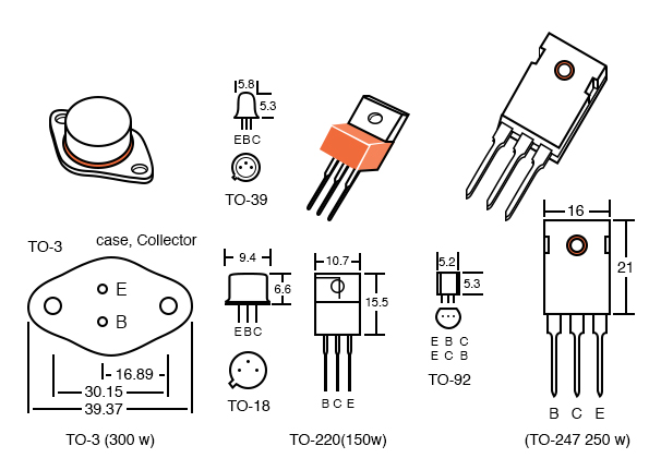 Transistor packages, dimensions in mm.